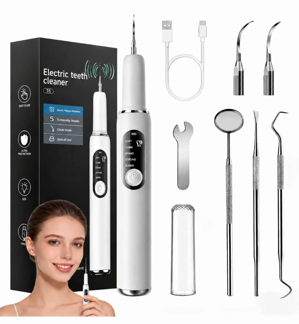 White electric oral cleaning device and kit