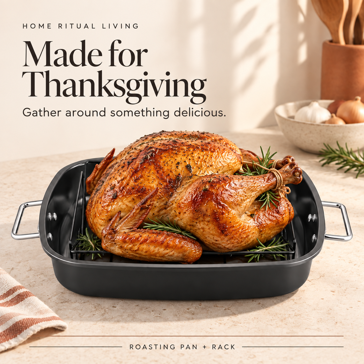 Golden Thanksgiving turkey in the Home Ritual Living roasting pan